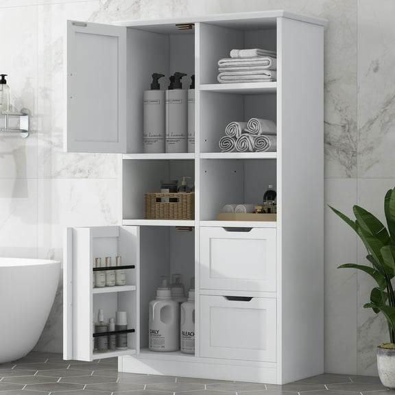 GDF Studio 62"H Bathroom Cabinet with Multiple Storage Space, Doors and Drawers, Adjustable Shelf, White