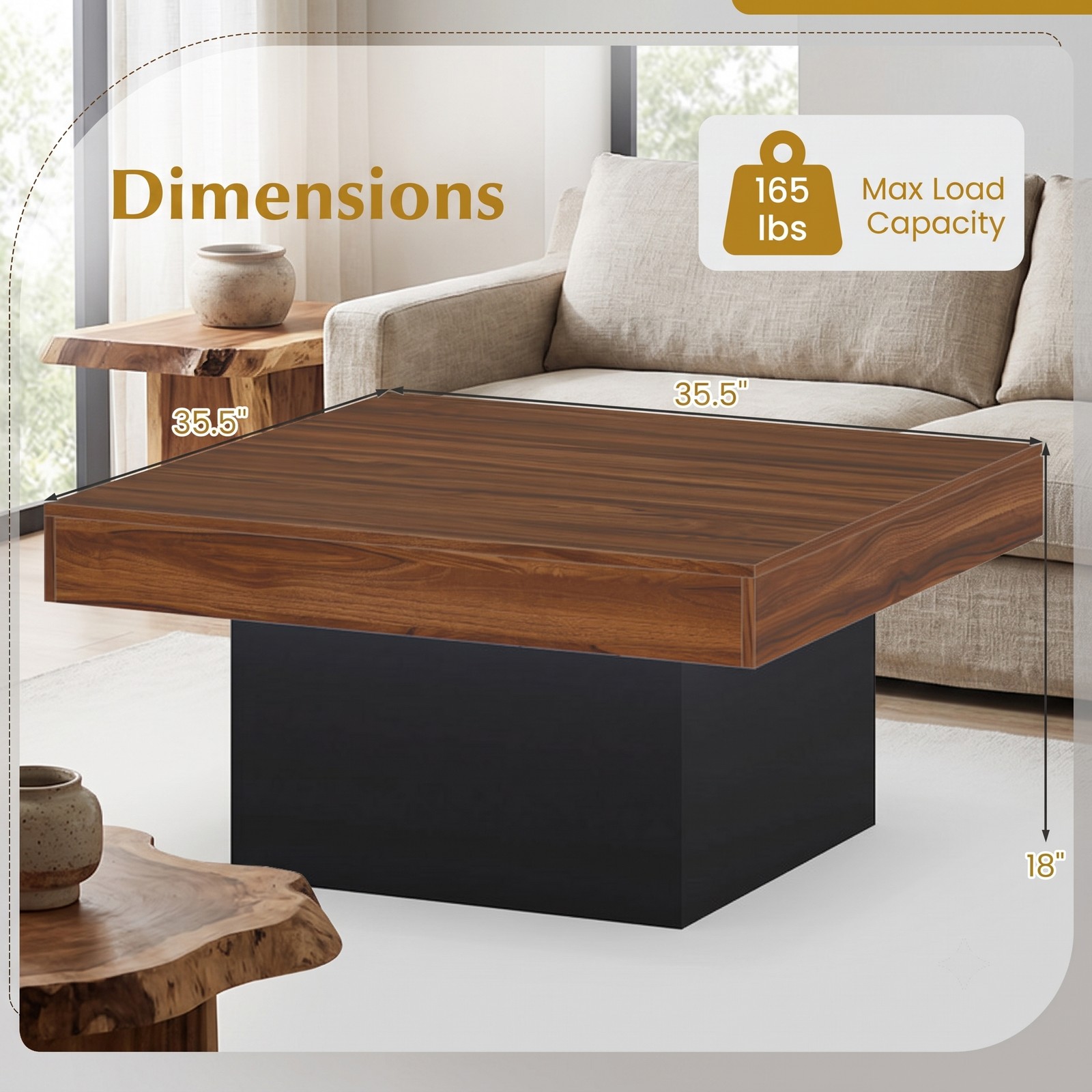 Furnibear LED Coffee Table Square Accent Table with RGB Lights and 21 Dynamic Modes, Remote Control, Engineered Wood Center Table for Living Room, Rustic Brown & Black
