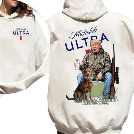 Hunter Trump With Michelob Ultra Beer . Camo Hunter Trump . Hunting Dog . Election 2024 Gift. Michelob Ultra . Hunting Season. Cotton . cotton Unisex Comfort Hoodie, Color: Forest Green, Size: L