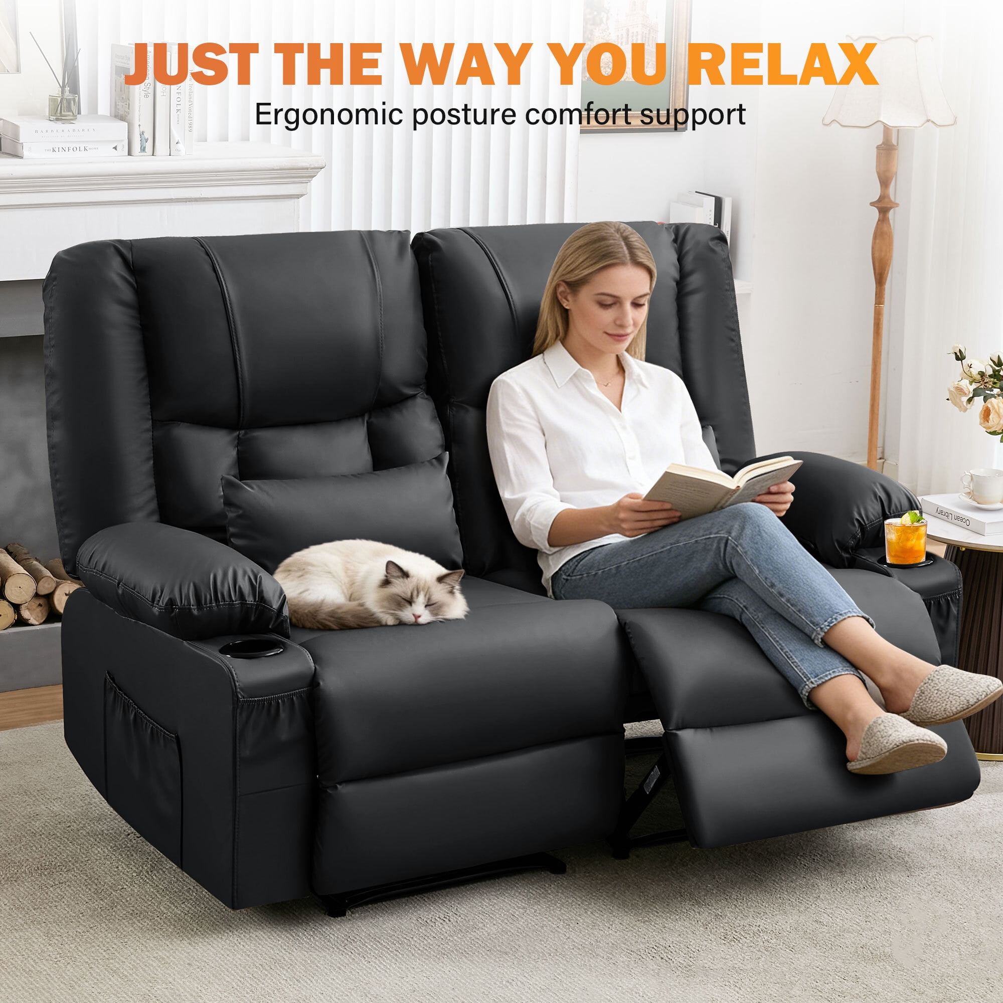 Alvantor Loveseat Recliner Sofa for Adults with Massage & Heating, Modern Leather Manual Recliner Chair with Cup Holders for Home Theater Black