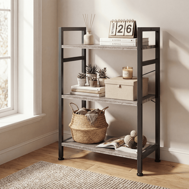 Gianna 3 Tier Bookshelf, Free Standing Shelf, Bookcase Shelf Storage Organizer, Industrial Book Shelves for Home Office, Living Room, Kitchen, Gray