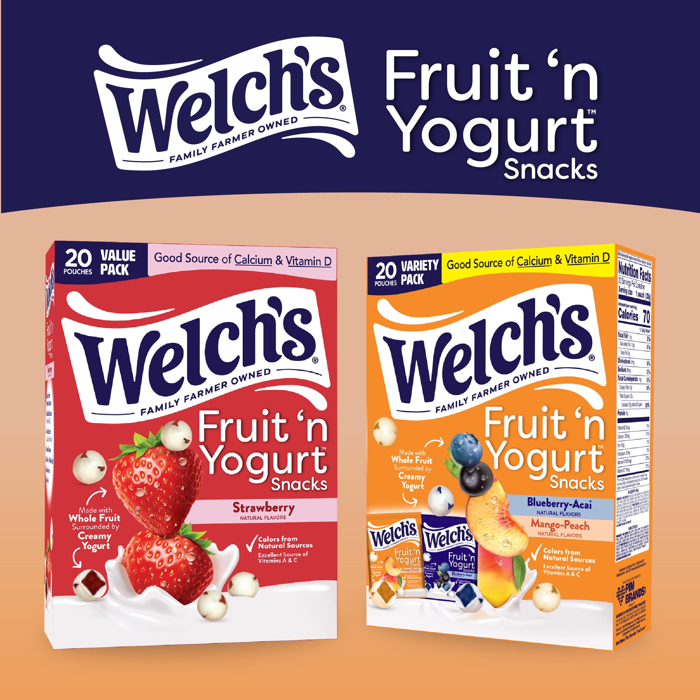(6 pack) Welch's Fruit 'N Yogurt Blueberry-Acai. & Mango-Peach Soft Fruit Snacks, .7 oz, 20 Count