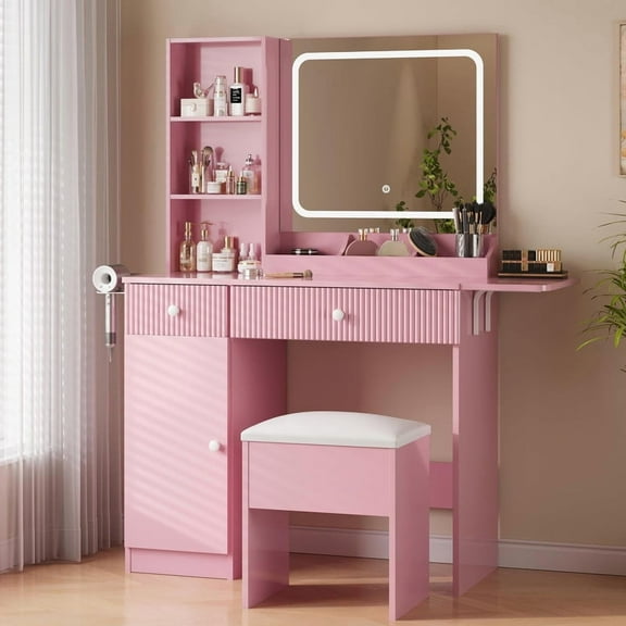 Towallmark 40 Inch Vanity Desk With Mirror And Lights, Pink Makeup Vanity Table With Power Outlets, Dressing Table With Drawers, Cabinet & Storage Stool, For Bedroom