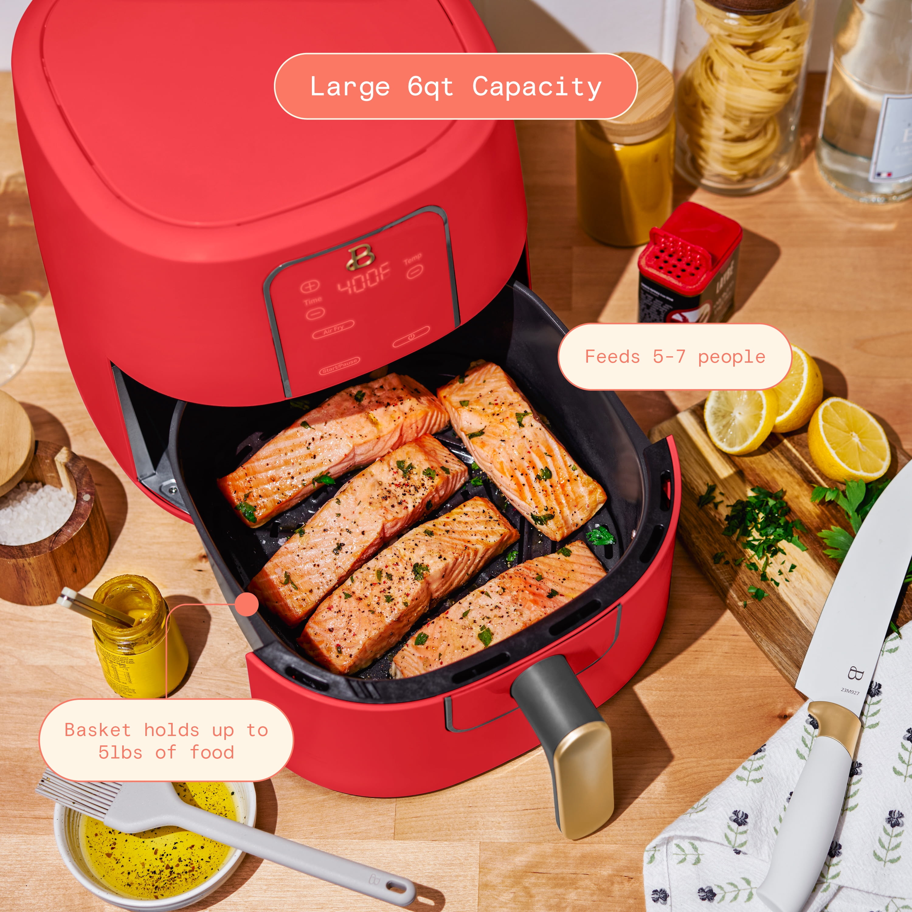 Beautiful 6 Qt Air Fryer with TurboCrisp Technology, EverGood Ceramic Nonstick Coating, Tomato Red by Drew Barrymore