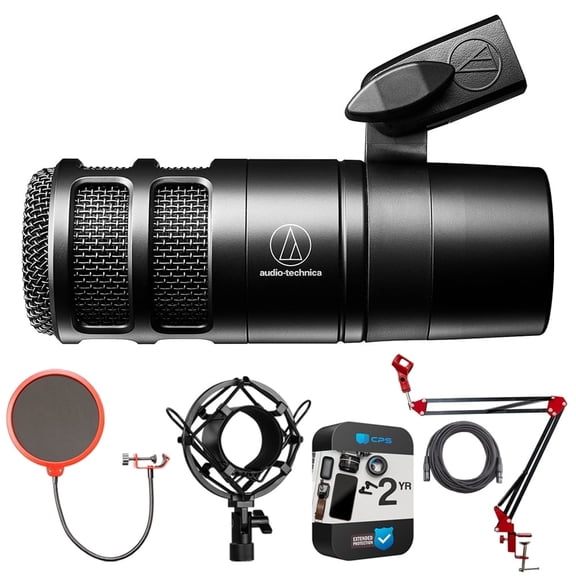 Audio-Technica Hypercardioid Dynamic Podcast Microphone AT2040 Bundle with 2 YR CPS Extended Warranty, Metal Shock Mount, Pop Filter, Suspension Boom Scissor Arm Stand and 25ft XLR Cable