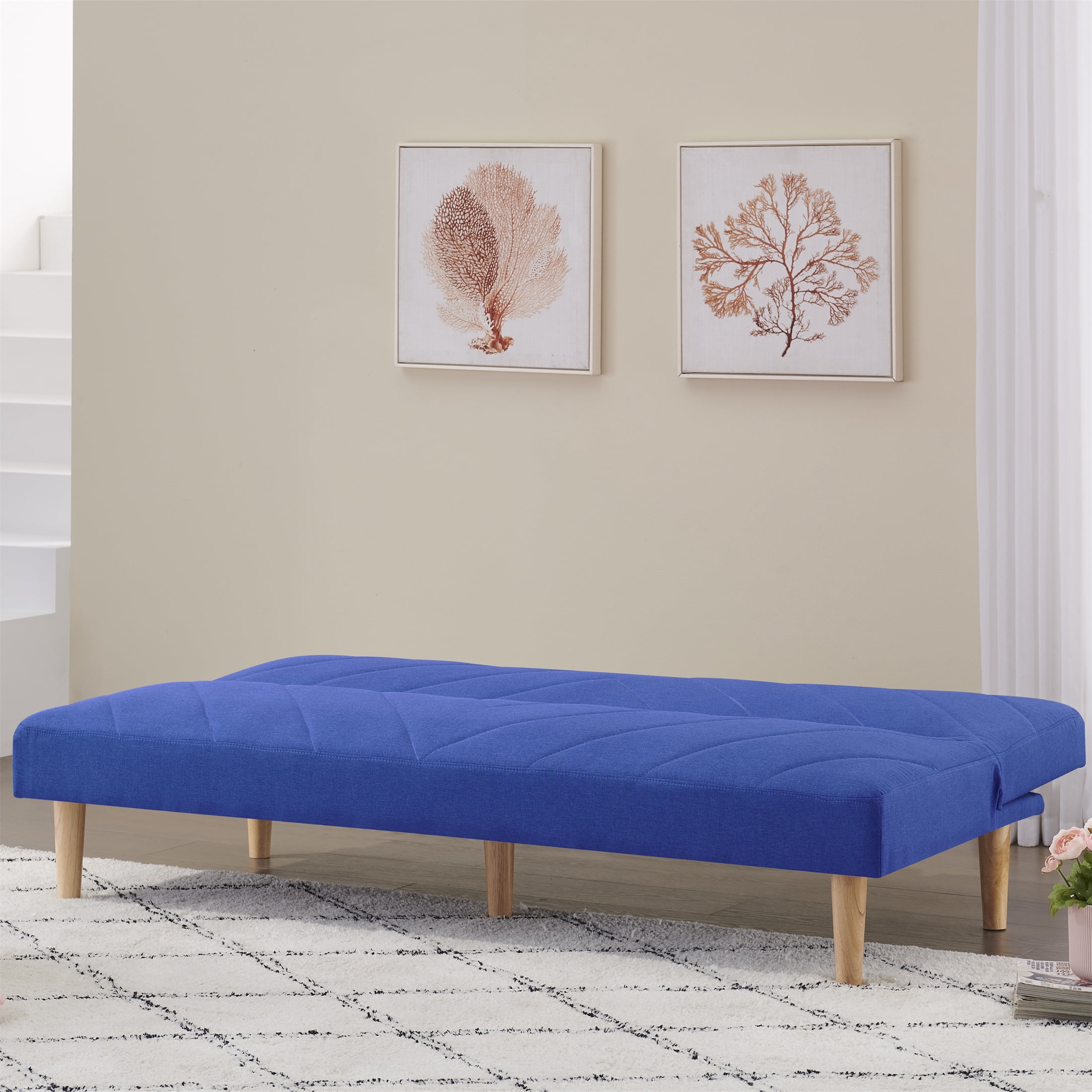 Aukfa Futon Convertible Sofa Bed- Twin Size- 5 Wooden Legs- Space Save- Blue