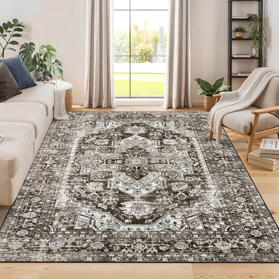 Garvee 5'x7' Vintage Medallion Area Rugs, Washable Oriental Rug Non-Slip Accent Rug Indoor Floral Print Carpets for Dining Room Living Room Office, Brown