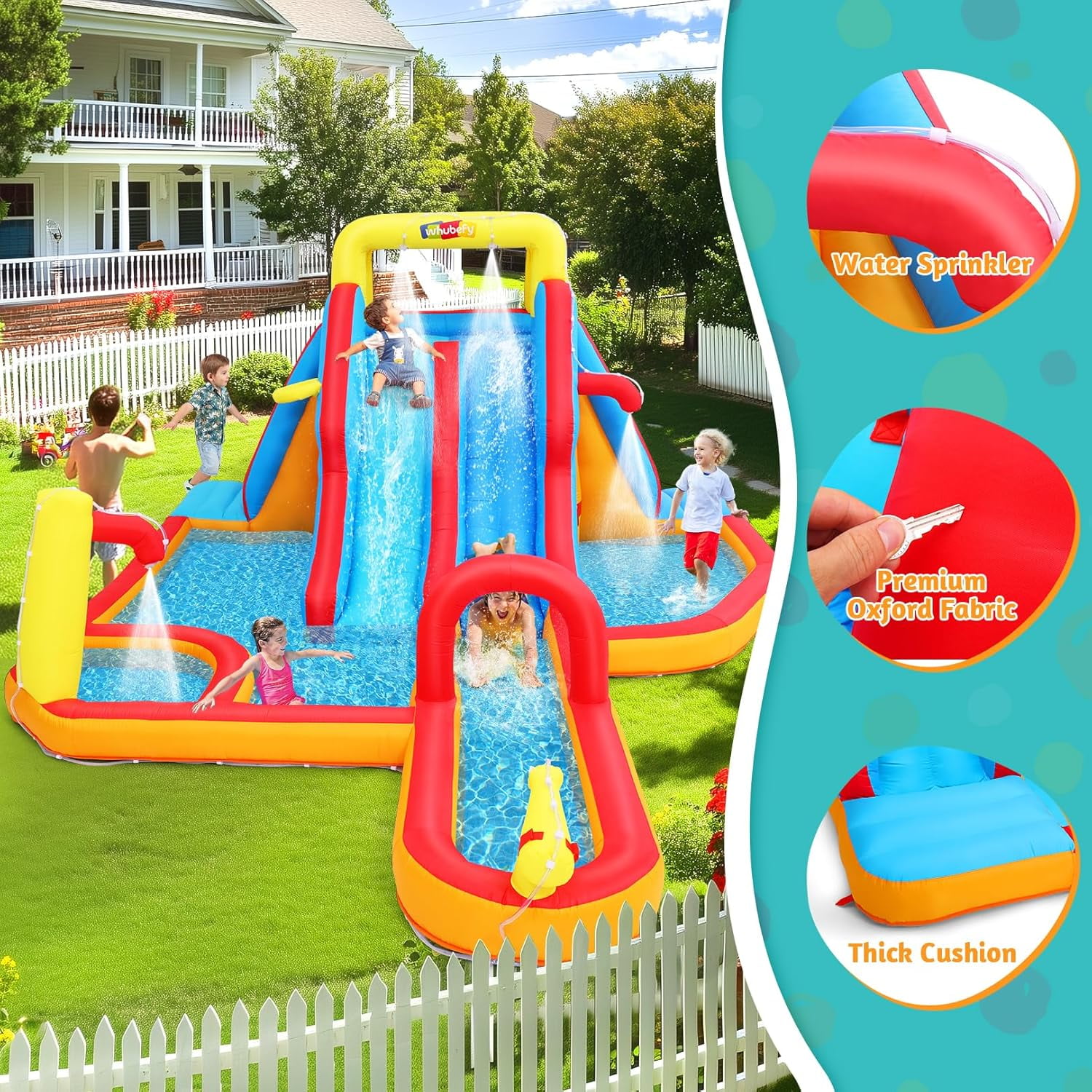 Veeboto Inflatable Water Slide with 620W Blower, Bounce House for Big Kids with Slide, Pool, Shower Area, Climbing Wall, Water Cannon, Basketball Frames, Inflatable Dual Slide for Outdoor & Indoor