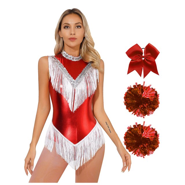 XUNZOO Women's Metallic Dance Outfits for Cheer Leader Uniform Stage Performance Cheerleading Costume Red XL
