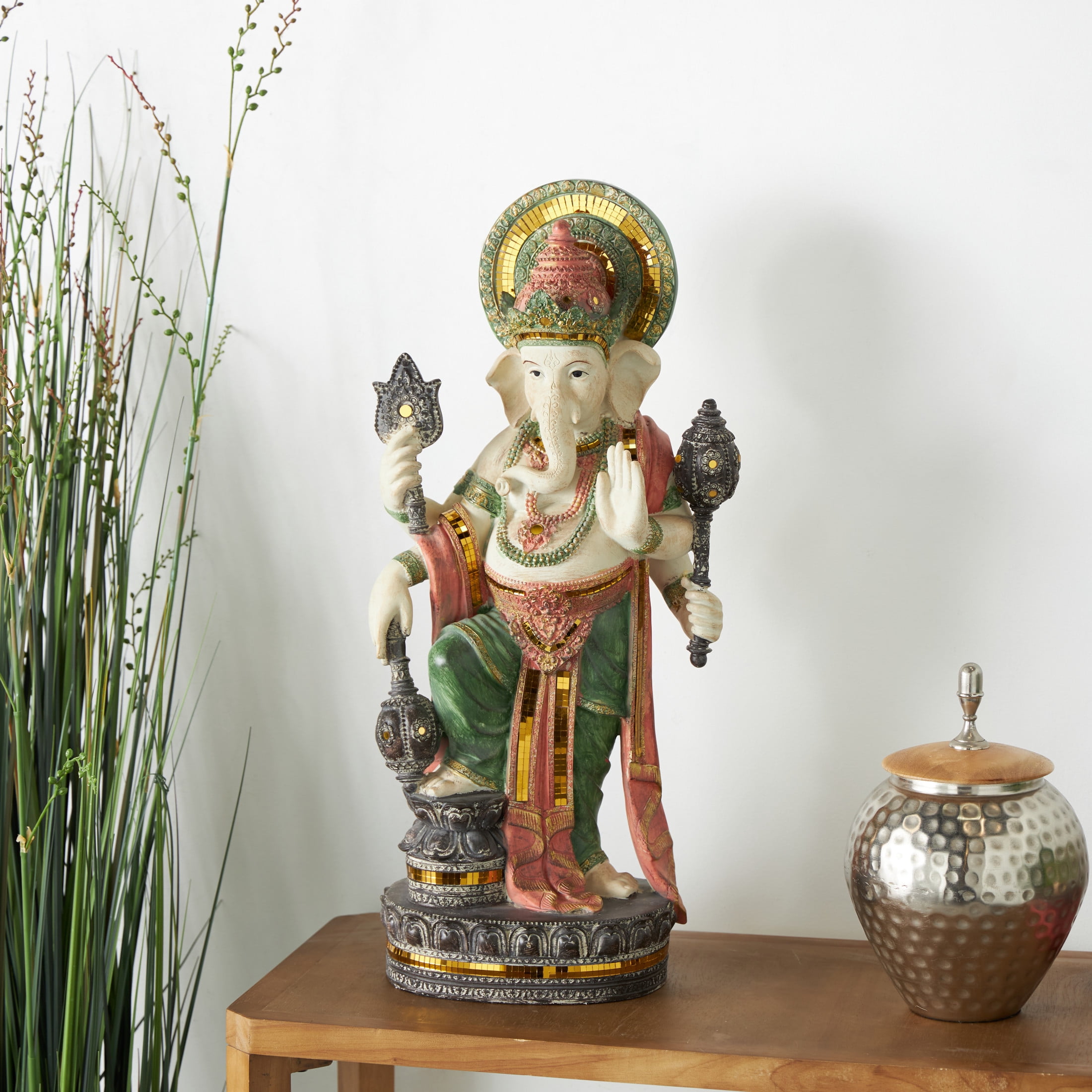 12" x 27" Gold Resin Ganesh Sculpture with Green, Blue, and Red Accents, by DecMode