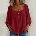 thumbnail image 3 of WAGUTH Women's Cotton Linen Tops 3/4 Puff Sleeve Square Neck Button Down Shirts Summer Casual Tees S-XXL,Red,L, 3 of 6