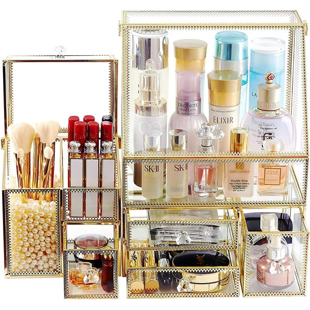 Organizador de maquillaje CONHENCI de vidrio grande con juego de cajones
