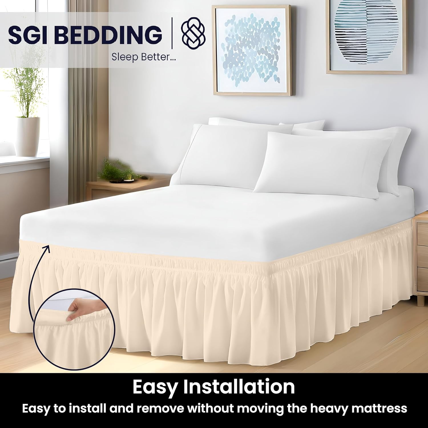 SGI bedding 10 inch Drop Wraparound Bed Skirt King Size - No Lifting Required, Adjustable Easy Fit Elastic Strap, Classic Gathered Styling Dust Ruffle, Fade Resistant -Beige