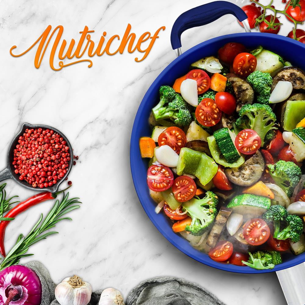 NutriChef 14.0 in Nonstick Skillet with Blue Silicone Handle and Ceramic Coating