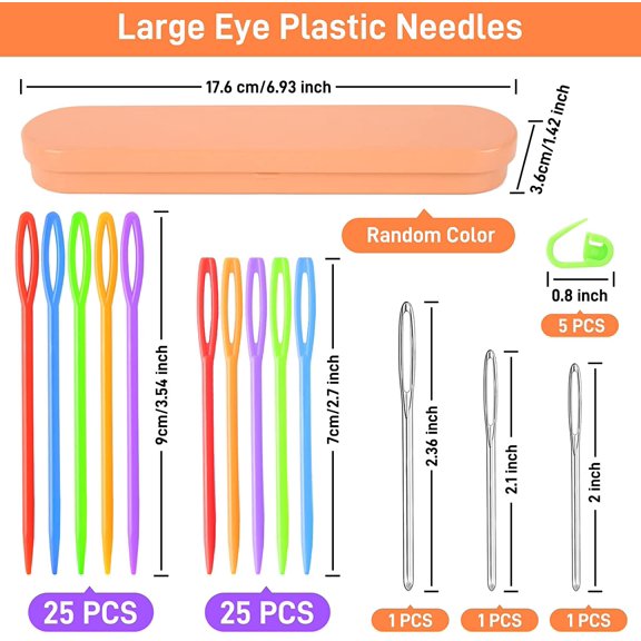 50Pcs Plastic Needles with Storage Box, 2 Size Plastic Sewing Needles, Large Eye Plastic Needles for Kids for Yarn and Craft (2.7In/7cm,3.5In/9cm) with 3 Size Large Eye Blunt Needles