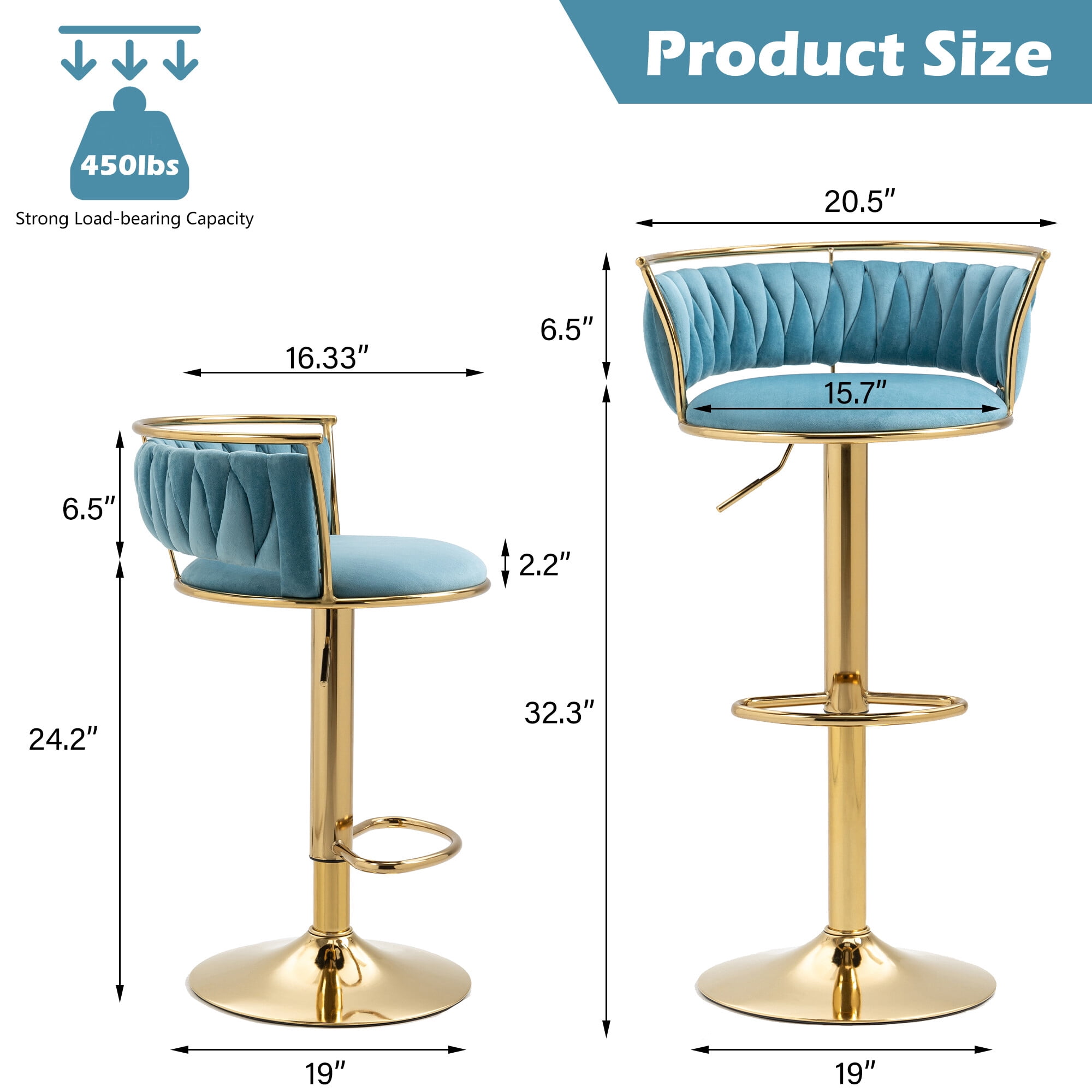 DREAMSIDEA Swivel Bar Stools Set of 4 Modern Velvet Upholstered High Back Adjustable Bar Chairs with Golden Footrest for Kitchen Counter Square Island, Blue
