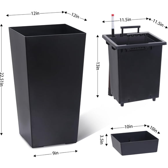 OUYAWEI 16in Tall Planter Set of 2 Indoor Outdoor Taper Shelf Insert Self-Absorbing Plastic Resin Black Porch