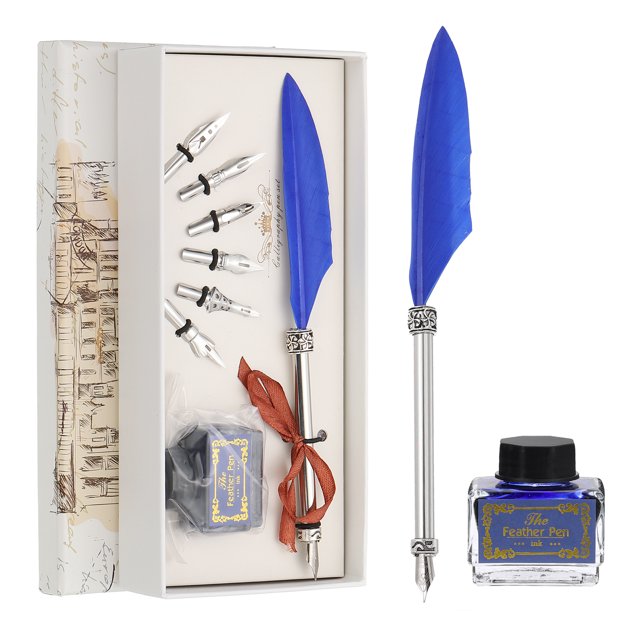 Uxcell 21.5cm/8.5" Juego de Pluma de Pluma Tallada, Pluma de Pluma con Juego de Tinta 6 Puntas de Repuesto para Escritura, Azul Oscuro