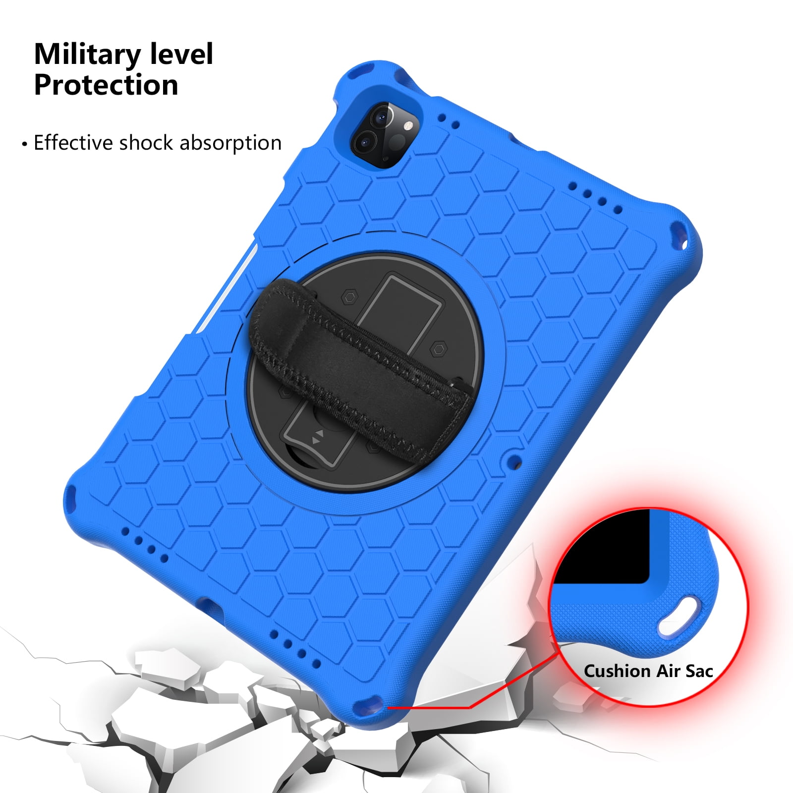 Mantto Shockproof Case for iPad 10th Generation 10.9" 2022 iPad Case with Shoulder Strap,Heavy Duty Rotating Kickstand Hand Strap Rugged Defender Protective Case w/Pencil Holder, Blue+Black
