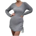 thumbnail image 1 of cfhntfmh Robes Chandails pour Femmes Doux Col en V Manches Longues Robe Chandail en Tricot Confortable Décontractée Froncée Robe Courte de Soirée, 1 of 5