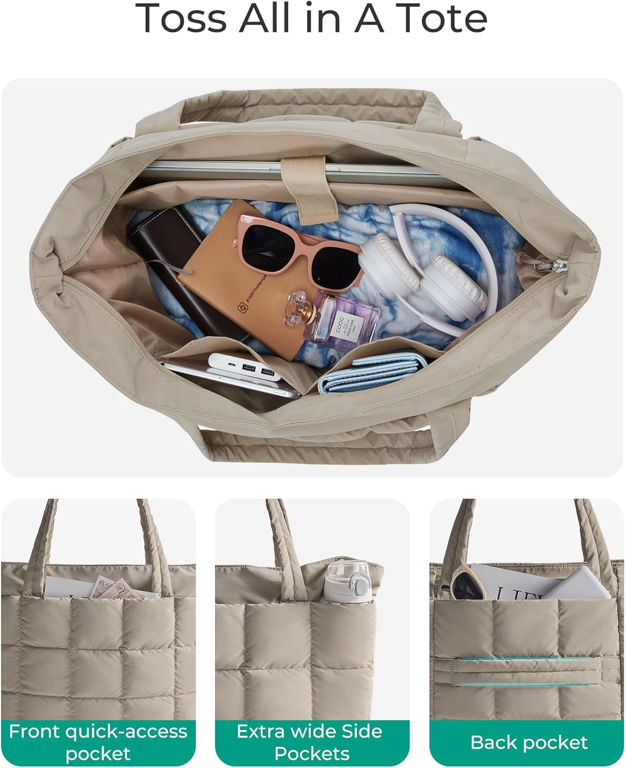 mirlewaiy Tote Bag for Women, Puffer Work Tote Handbag, Quilted Carry-On Travel Gym Bag(Camel)