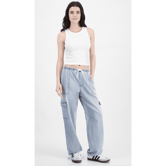 Tinseltown Juniors' Drawstring Cargo Parachute Jeans , Light Wash