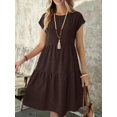 thumbnail image 6 of Womens Chocolate Brown Boho Midi Dress, Short Sleeve Round Neck Linen-Like, 6 of 7