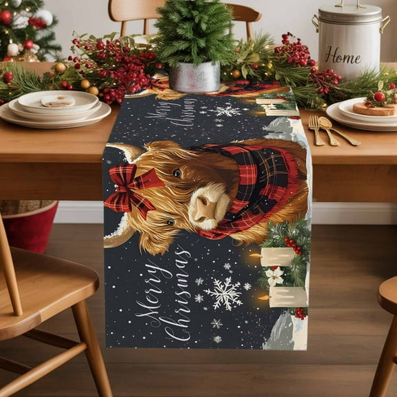 Christmas Highland Cow Red Buffalo Plaid Table Runner 13x70in Non-Slip Cotton Linen Table Runners, Snowflakes on Dark Dresser Scarves TableRunner for Dinner Kitchen Dining Wedding Party
