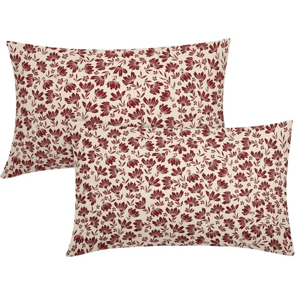 Daisy Floral Block Print Lumbar Pillow Covers 12X20 Inch Burgundy Beige Flowers Decorative Pillow Cases Set of 2 Farmhouse Home Decor Vintage Rustic Cute Throw Pillows for Sofa Couch Outdoor