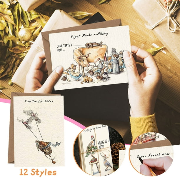 Xihbxyly Ofertas para Mujeres Lo Que Se Debe y No Se Debe Hacer En Navidad, 12 Paquetes de Tarjet Navideños Desviados, Mensajes y Sobres Personalizados, Colección de Películas de Cuenta Atrás para Re