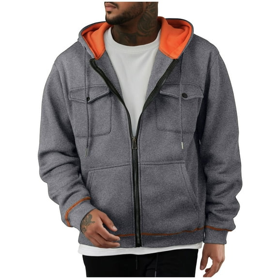 GuangCheng George Mens Zip Up Hooded Sweatshirts,Contrast Lining,Drawstring Hood,Soft,Warm Coats with Multiple Pockets,Dark Gray,L