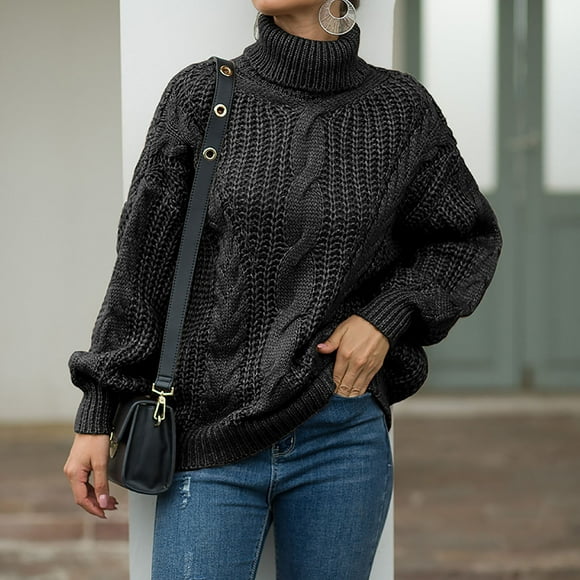 Ichuanyi Women Casual Turtleneck Pullover Long Sleeve Solid Loose Knitted Sweater Tops