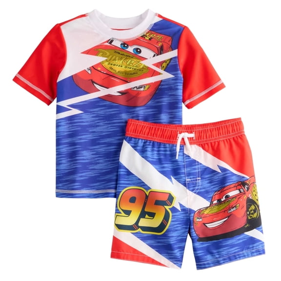 Disney Cars Lightning McQueen Toddler Boys' Short-Sleeve Rashguard & Swim Trunks 2-Piece Set (Size 2T)