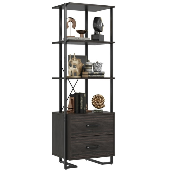 Kojooin 4 Tier Bookshelf with Storage - 70.9 Inch Tall Narrow Industrial Book Shelf with Open Display Shelves and Drawers 3 Shelf Wood Bookcase with Metal Frame for Living Room Bedroom office,Brown