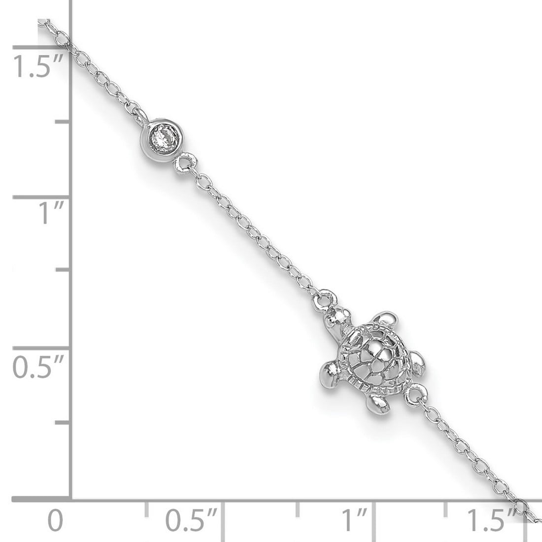 925 Sterling Silver Rhodium Plated Cubic Zirconia Turtle With 2inch Ext Anklet 9 Inch 8.7mm Wide Anklet for Women