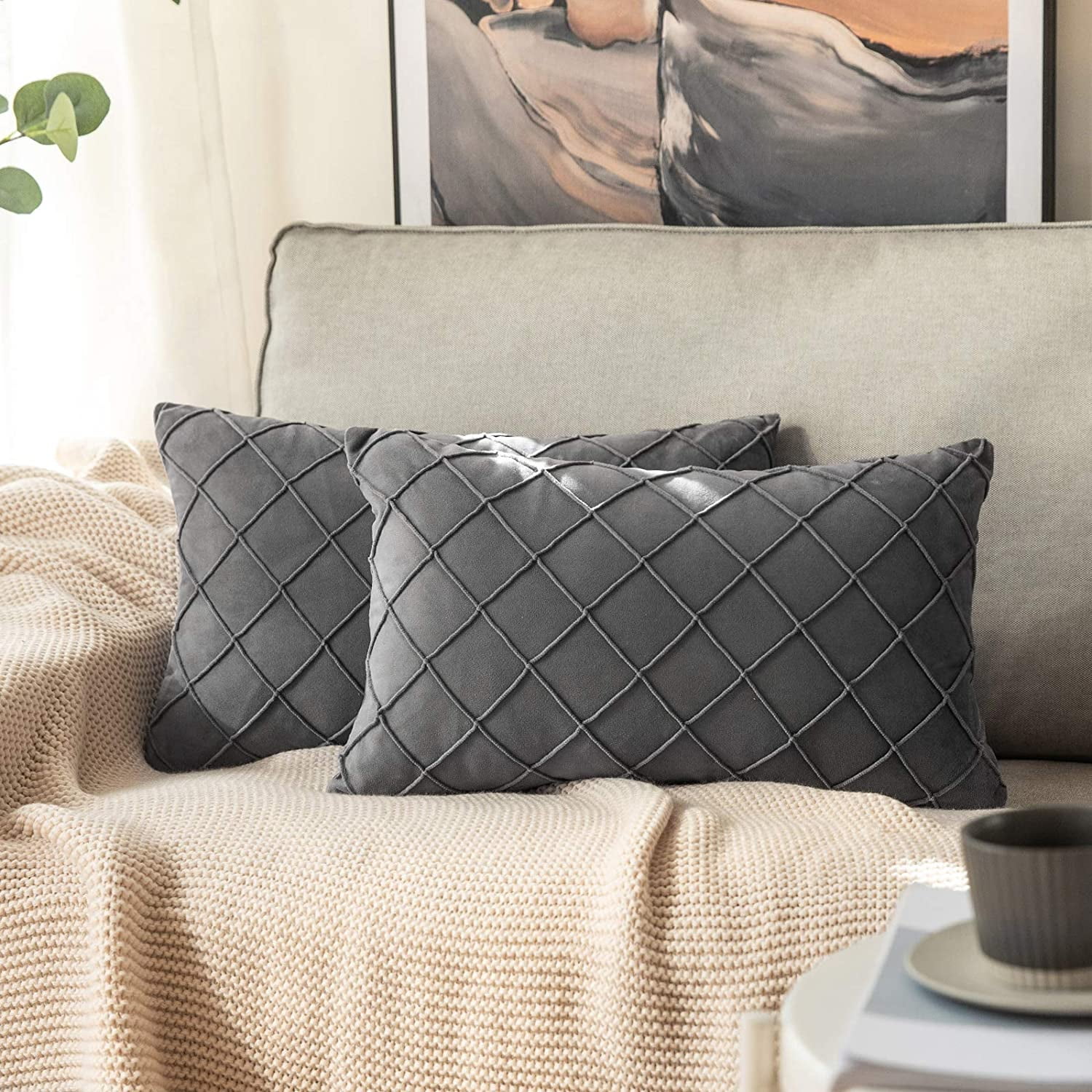 Htooq Velvet Throw Pillow Covers Decorative Rectangular Soft Solid Pillowcases Plaid 12 X 20 Inch Dark Grey Couch Pillows Set Of 2 Cushion Covers With