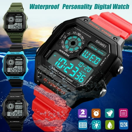 Black Square Metal Watch SKMEI Fashionable Square Electronic Watch Personality Waterproof Digital Watch For Boys ()