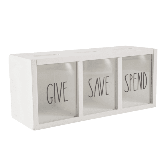 2X Wooden Give Save Spend Money Saving Box for Kids, Countertop Kid Piggy Bank for Daily Cash, White