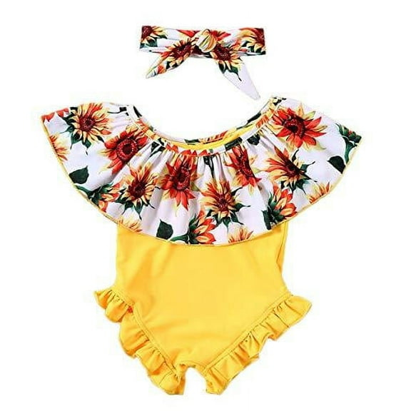 Styles I Love Baby Girls Sunflower Yellow Ruffle One-Piece Swimsuit Bathing Suit Beach Swimwear with Headband 2pcs Set