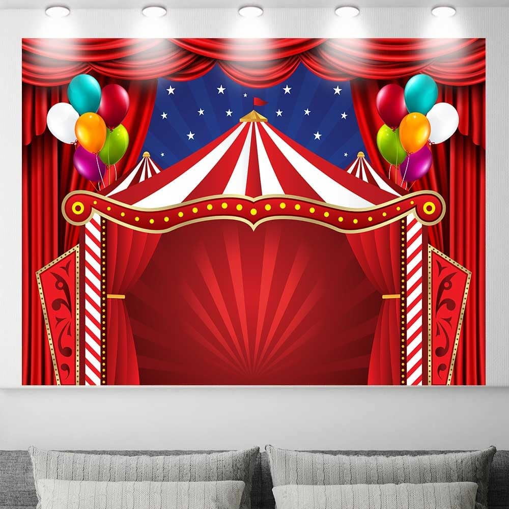 8 x 6 ft Carnival Backdrop, Circus Theme Red Curatin Balloon Backdrop Carnival Photo Booth Props Kids Adults Birthday Baby Shower Party Decoration Banner Polyester