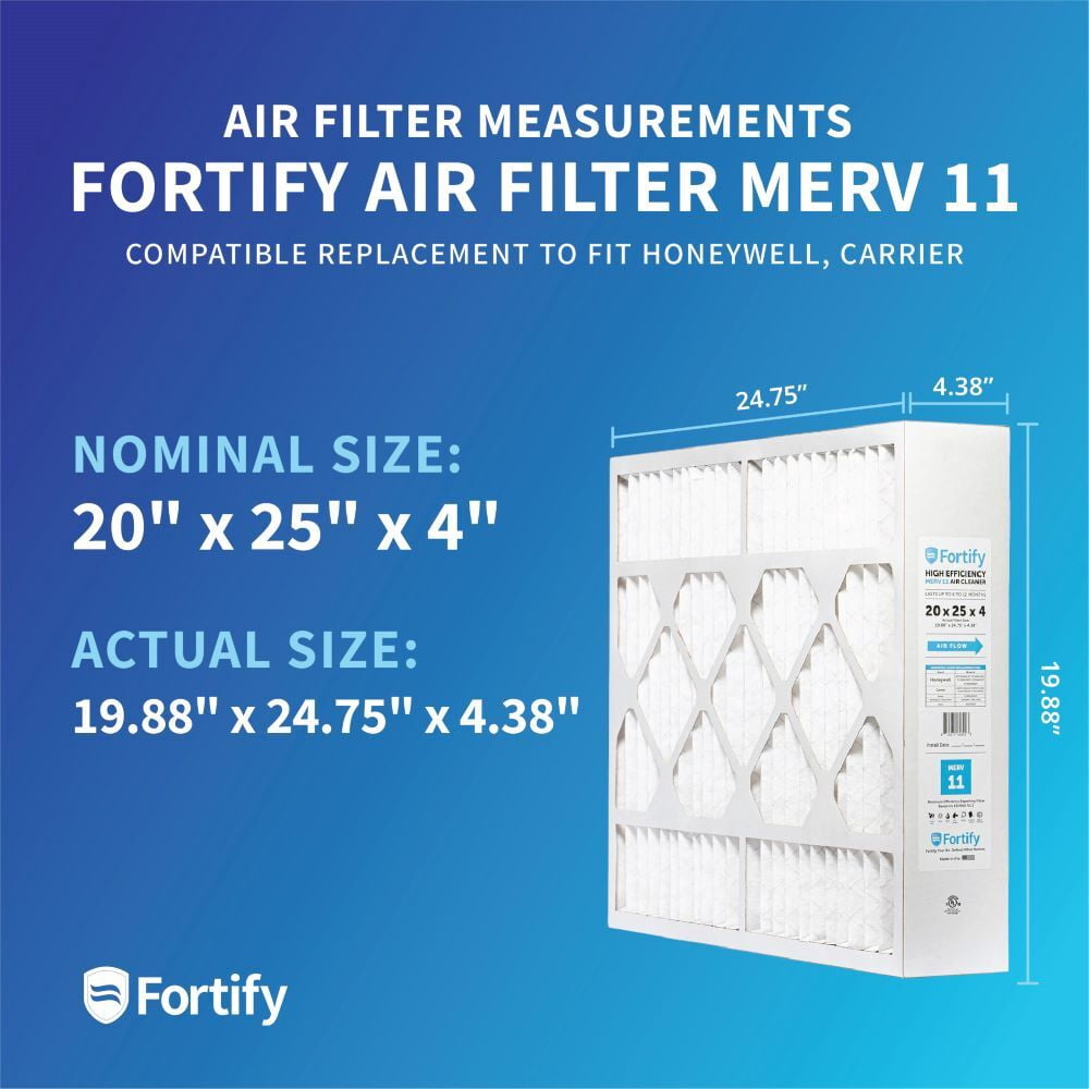 Fortify 20x25x4 MERV 11 Replacement for Honeywell FC100A1037 and Carrier Pleated HVAC AC Furnace Filters. (2-Pack) Actual Size: 19.88 x 24.75 x 4.38