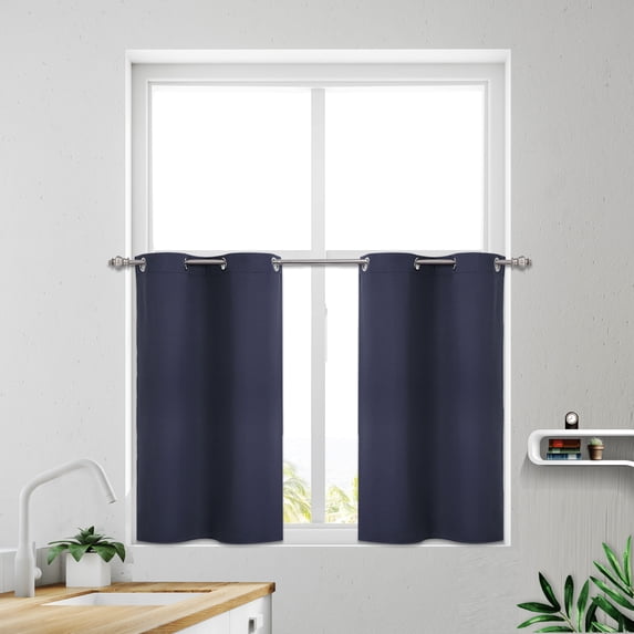 2pcs Blockout Small Window Curtain Panel Kitchen Curtain Grommet Tiers Valance Navy Blue 29 x 36 Inch