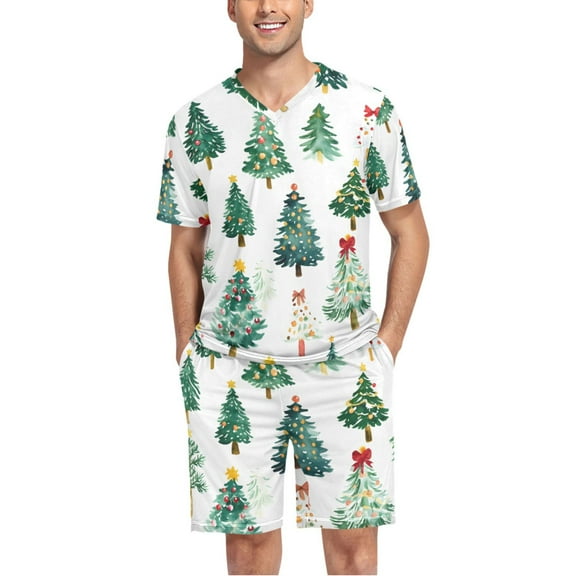 joogoo Men's Pajama Set Christmas Trees V-Neck Pj Shorts Set 2 Piece Loungewear Sleepwear L