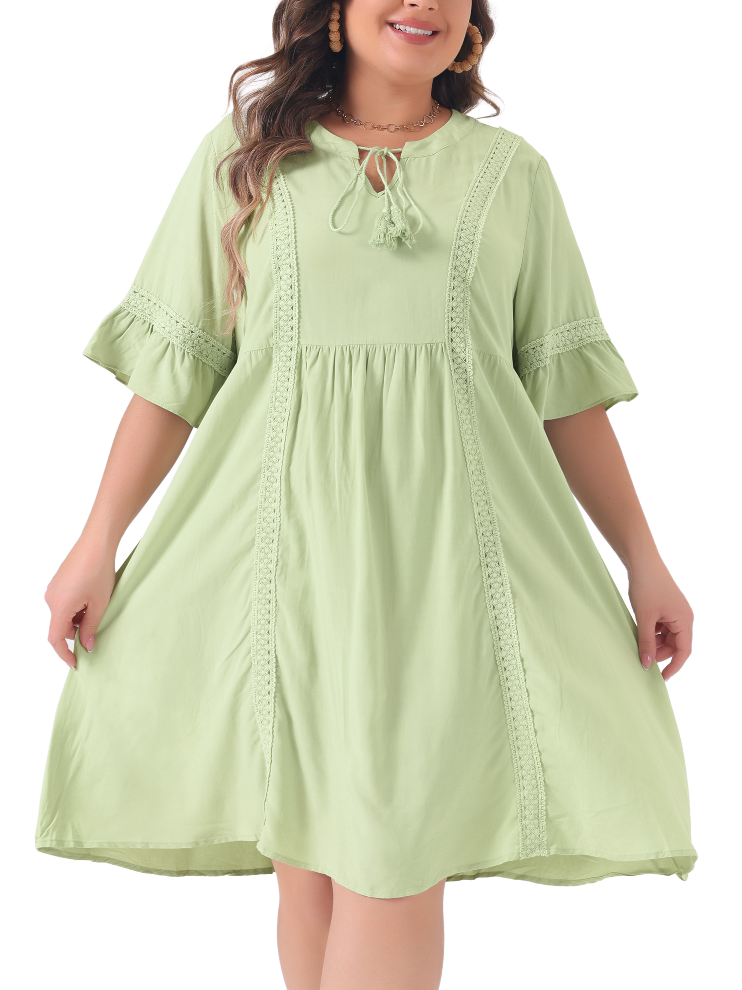 DARING DIVA Plus Size Ruffle Short Sleeve Lace V Neck Midi Dress 1X Light Green