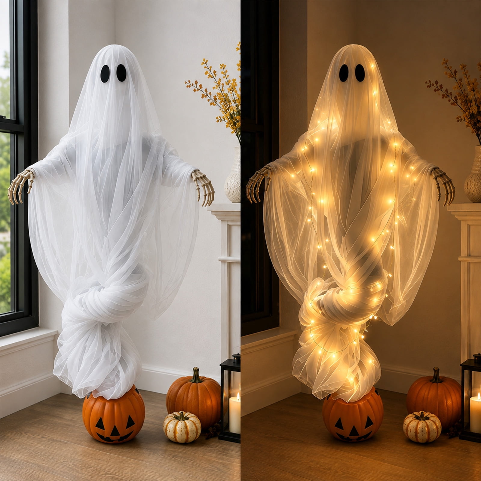 Swirling Ghost Pumpkin Yard Lamp, Halloween Yard Sculpture LED Glowing Floating Ghost Pumpkin Light, Halloween Outdoor Lawn Front Entrance Decor