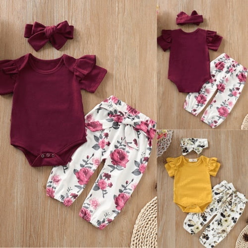 CANIS Vêtements pour Nouveau-Nés Filles Hauts Barboteuse Pantalons Floraux Bandeau 3 Pcs Tenues