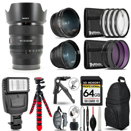 Sony FE 24mm f/1.4 GM Lens -3 Lens Kit + Slave Flash + Tripod - 64GB Accessory Bundle