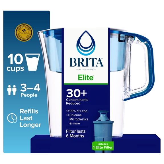 Brita Elite 10-Cup, Blue Plastic Water Filtration Pitcher, Reduces Lead