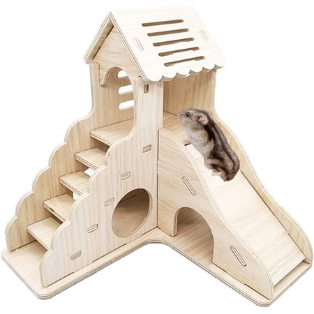 Hamster Hideout Cage Accessories - Hamster House and Habitat Wooden Hide Hut with Climbing Ladder and Slide for Dwarf Gerbils and Mouse Mice Rat Other Small Animals etc.