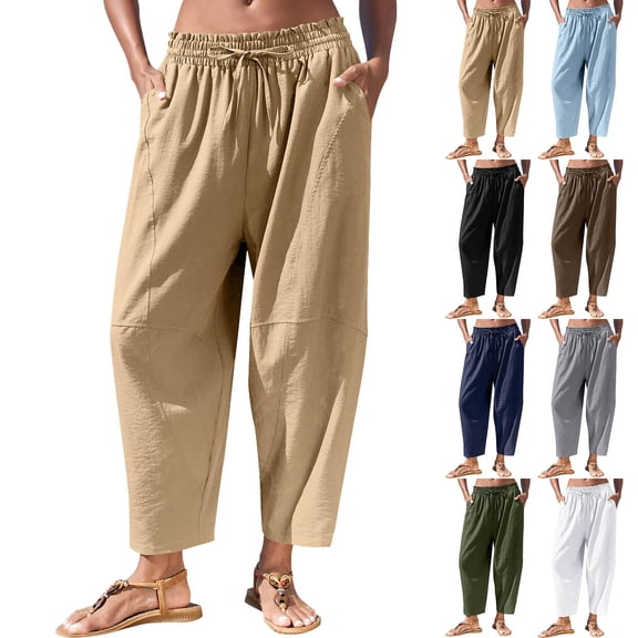 Oksale Barrel Pants for Women Petite Pull On Capri Pants with Pockets Loose Casual Drawstring Elastic Waist Linen Capris for Vacation Gray M